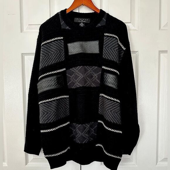 Vintage Sweater 80’s Geometric Wool & Leather Patchwork Grandpa Sweater Size L - Picture 1 of 7